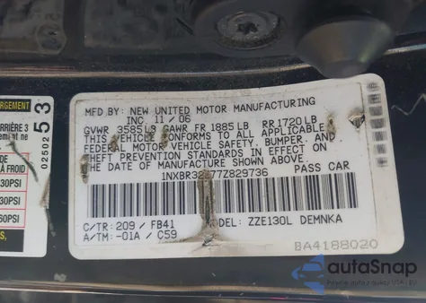 2007 Toyota Corolla Le from USA, damaged, VIN 1NXBR32E77Z829736